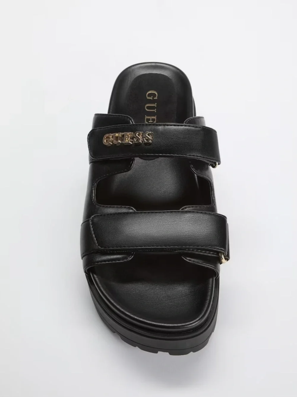 Guess Black Platform Slide Sandals with Gold Logo